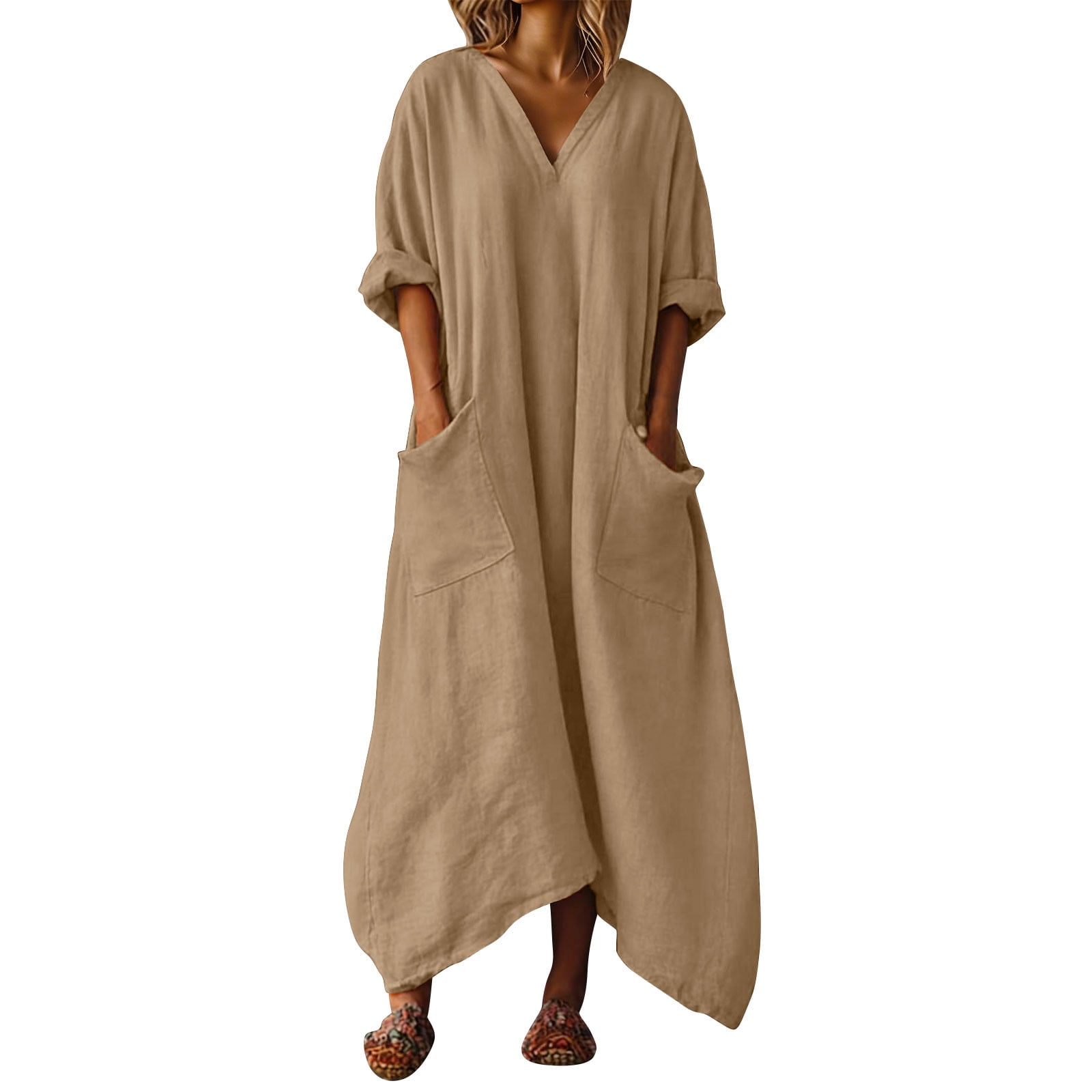 Dresses for Women, Womens Casual Loose Cotton Linen Long Shirt Dress, V-Neck Cuffed Sleeve Side Split Dresses with Pockets