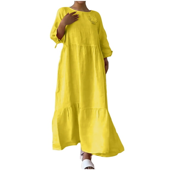 Dresses for Women Womens Spring and Summer V-Neck Solid Cotton and Linen Casual Pocket Long Sleeved Dress
