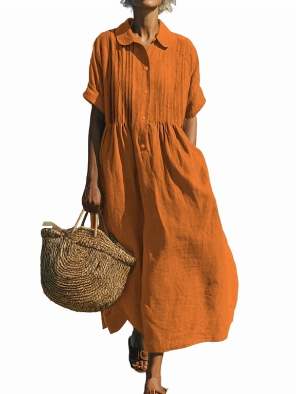 Dresses for Women, Womens Summer Cotton Flowy Maxi Dress, Short Sleeve Lape Empire Waist Boho Tiered Ruffle Casual Loose Long Dresses