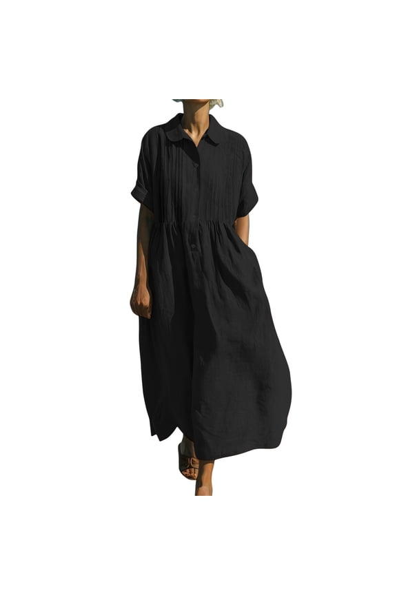 Dresses for Women, Womens Summer Cotton Flowy Maxi Dress, Short Sleeve Lape Empire Waist Boho Tiered Ruffle Casual Loose Long Dresses