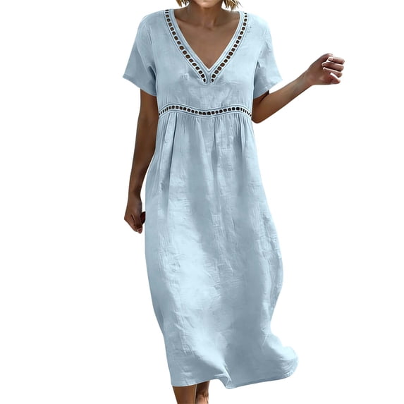 Dresses for Women Womens Summer Sundress Loose Casual V Neck Solid Color Flowy Beach Vacation Midi Dress