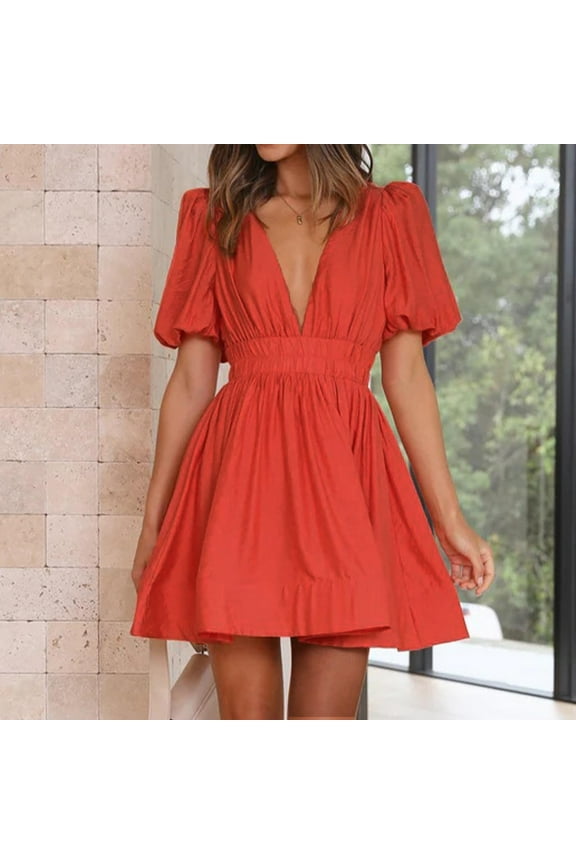 Dresses for Women Short Sleeve V-Neck Solid Wrinkles Mid-Waist Dress Red S