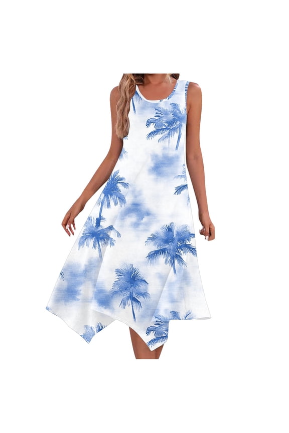 Dresses for Women Sleeveless Round-Neck Pockets Tank Summer Beach Printing Tank Dresses Blue S
