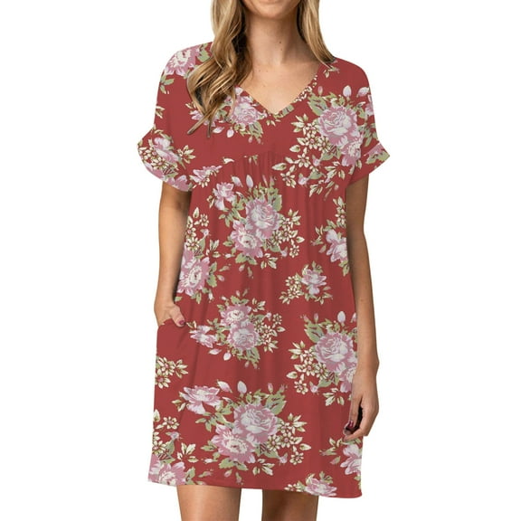 Dresses for Women's Casual Short Sleeve V-Neck Pockets Ladies Loose Dress