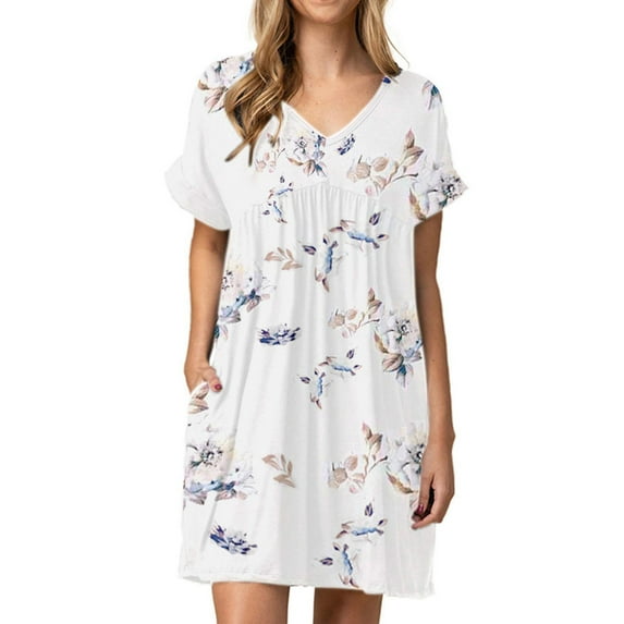 Dresses for Women's Casual Short Sleeve V-Neck Pockets Ladies Loose Dress