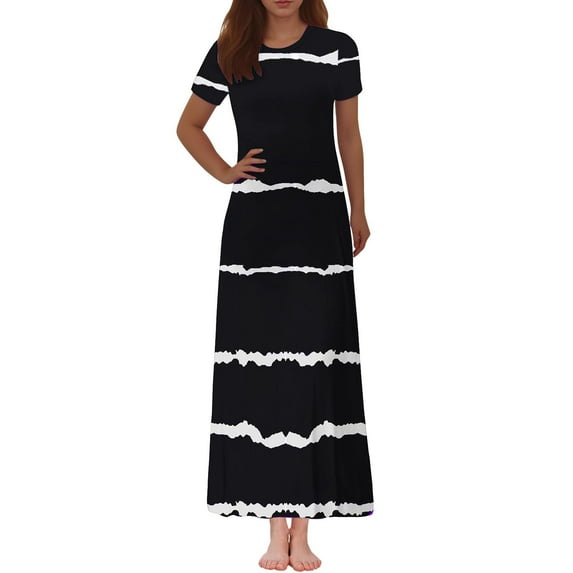 Dresses for Women's Fashion Printed Short Sleeve Round-Neck Ankle Dress Boho Dresses for Women Plus Size Black M