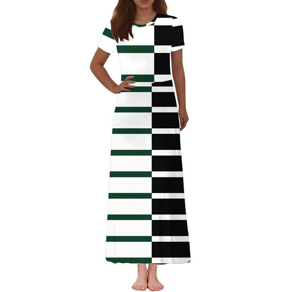 Dresses for Women's Fashion Printed Short Sleeve Round-Neck Ankle Dress Boho Dresses for Women Short Sleeve Black M