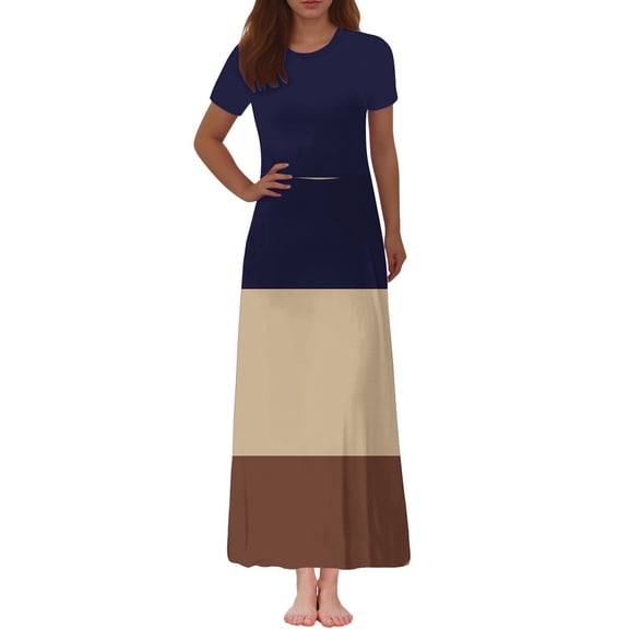 Dresses for Women's Fashion Printed Short Sleeve Round-Neck Ankle Dress Boho Dresses for Women Short Sleeve Blue M