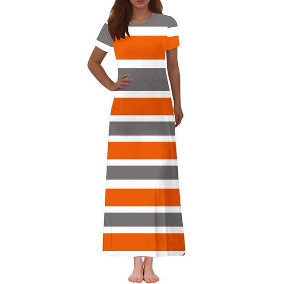 Dresses for Women's Fashion Printed Short Sleeve Round-Neck Ankle Dress Womens Summer Dresses Orange M