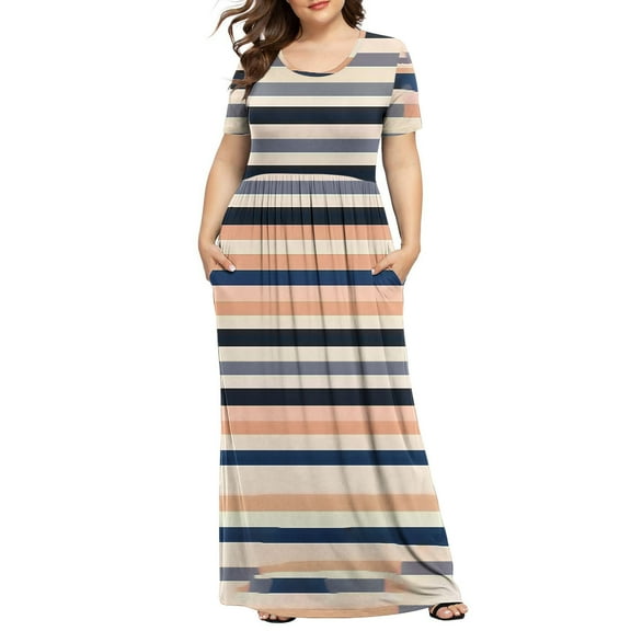 Dresses for Women's Plus Printed Casual Short Sleeve Round Neck Pleated Pocket And Ankle Dress Boho Dresses for Women Short Sleeve Multicolor 2XL