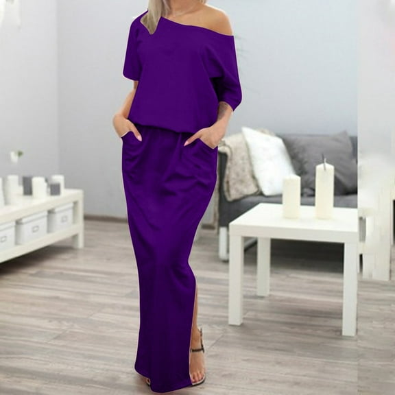 Dresses for Women's Solid Color Short Sleeved One Line Collar And Ankle Casual Pocket Summer Dress Womens Summer Dress Purple M