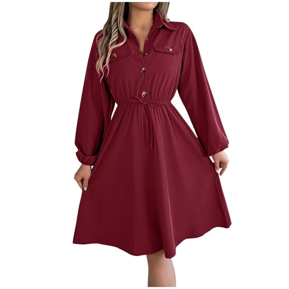 Dresses for Womens Womens Casual Shirt Dress A-Line Ruffle Sleeve V Neck Midi Dress Button Pleated Flowy Loose Shirt Dresses S-224 Wine S