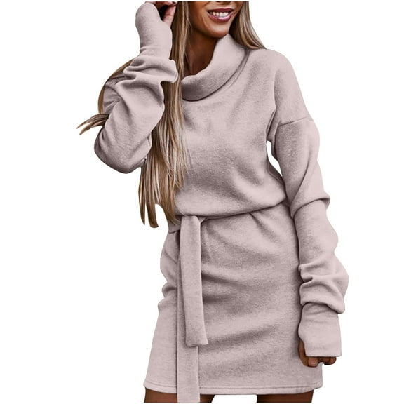 Dresses with Sleeves Woman Solid Color Belt Long Sleeve Fashion Commuting Fallow Dresses Long Dresses Casual