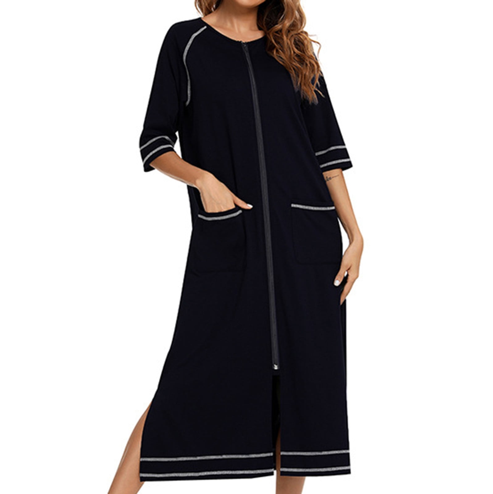 Dressing Gowns Floral Print/Plain with Pocket Ladies Zip Dressing Gowns