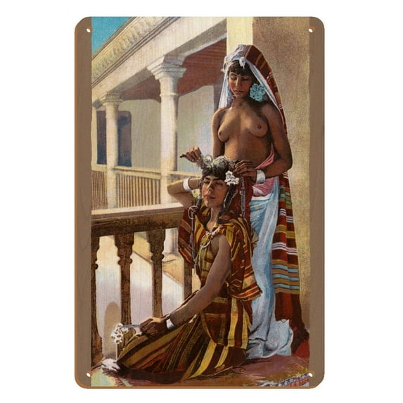 The Dressing (La Toilette) - Classic Vintage Hand-Colored - Exotic Near East Art - From a French Risque Postcard by Lehnert & Landrock c.1910s - 8 x 12 inch Vintage Wood Art Sign