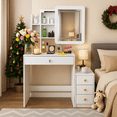 thumbnail image 1 of Dressing Table Modern Multi Functional Lighted Mirror Vanity Desk with Drawers Shelves Padded Stool for Bedroom, 1 of 8