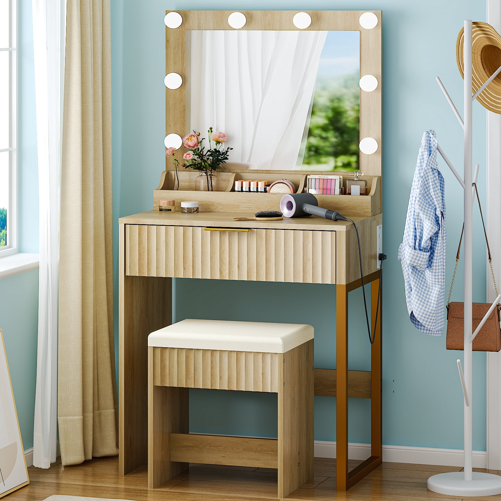 Dressing Table Set with 1 Drawer, 3 Storage Compartments, 8 Tri-Color Light Bulbs, Grille-Finished, Power Strip, Particleboard, Oak, 27.13 x 15.71 x 52.87 in