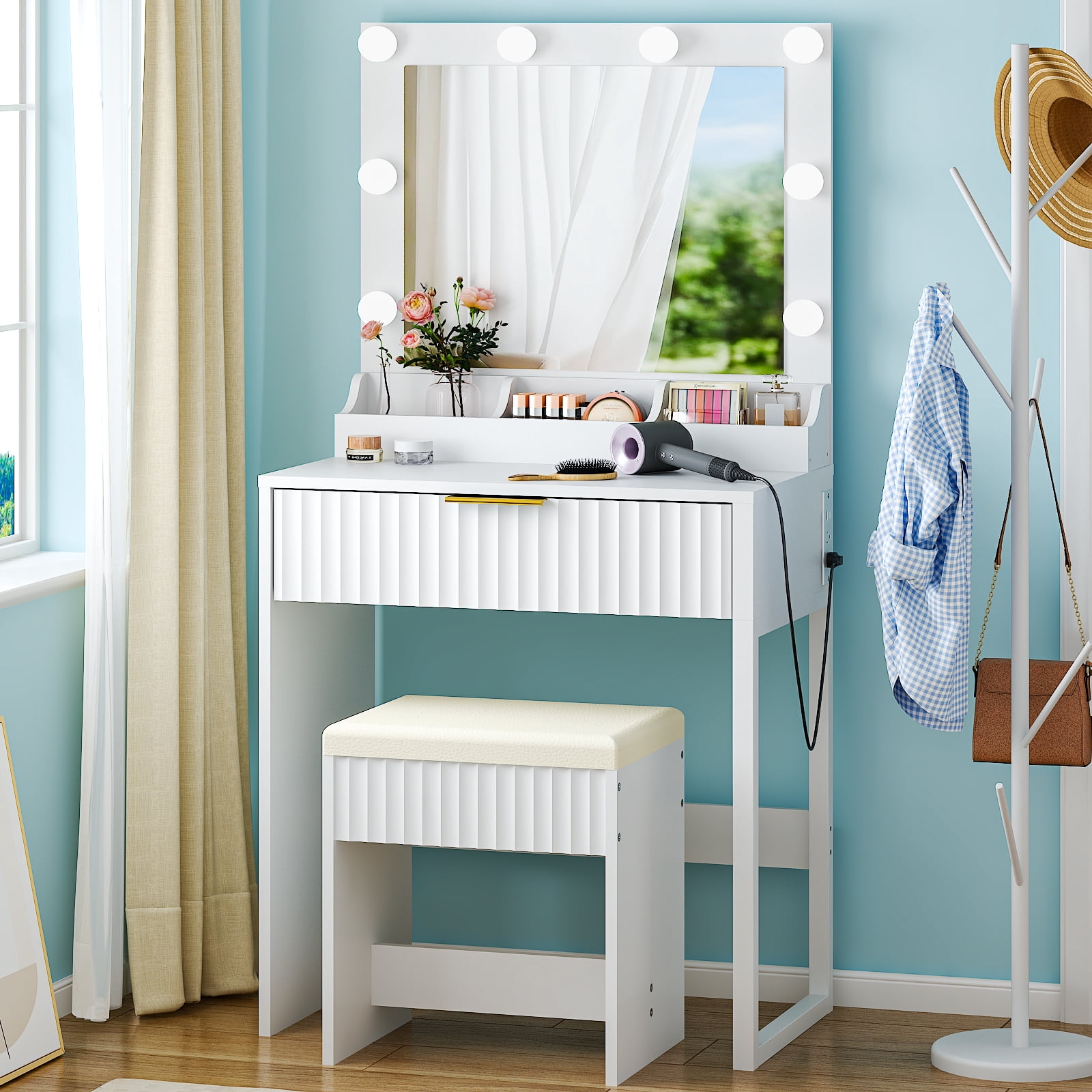 Dressing Table Set with Stool, 1 Drawer, 3 Storage Compartments, 8 Tri-Color LED Bulbs, Power Strip, White