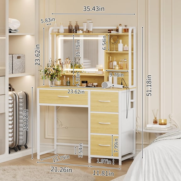 Dressing Table with Square Mirror, 35.4 Inch Bedroom Vanity Desk with 4 Fabric Storage Drawers and Open Shelving, Space-Saving Makeup Table for Women and Girls