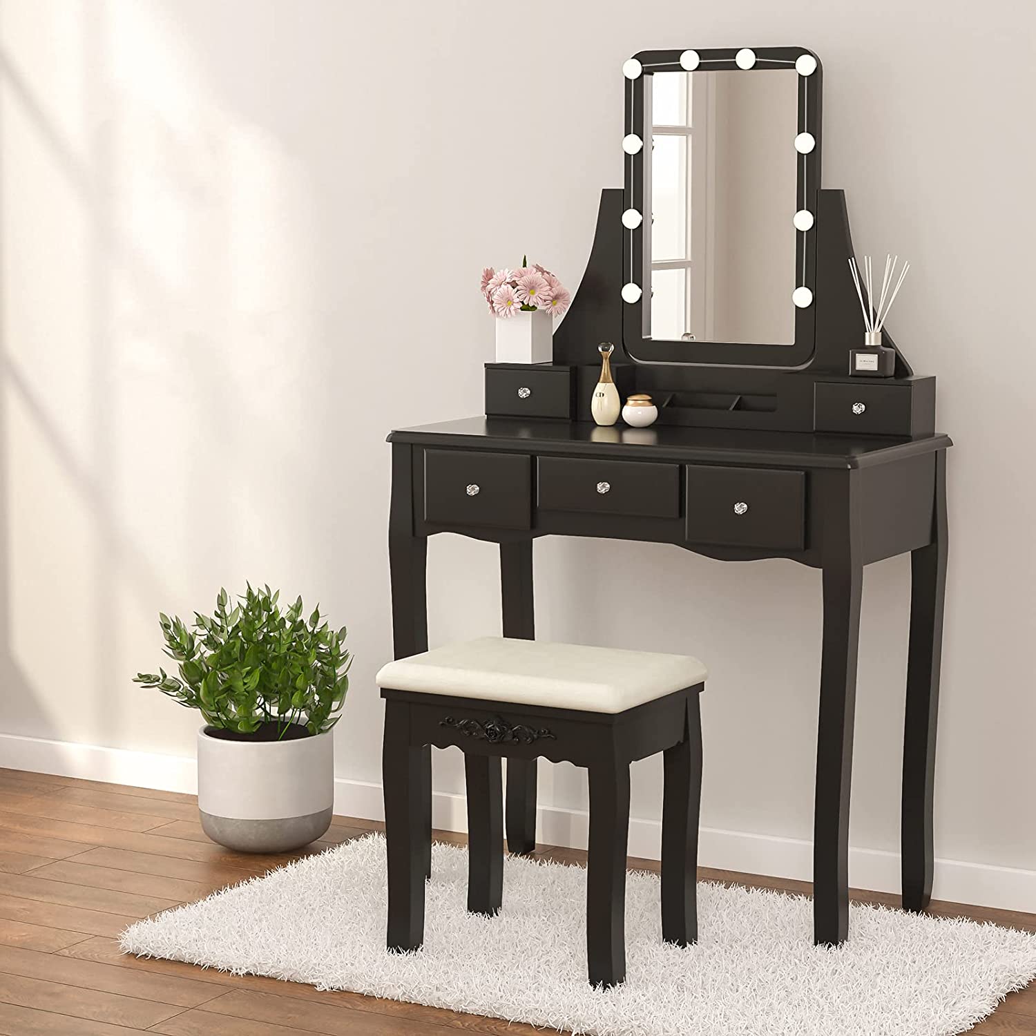 Dressing Table Vanity Set with Lighted Mirror, Makeup Vanity with Tri
