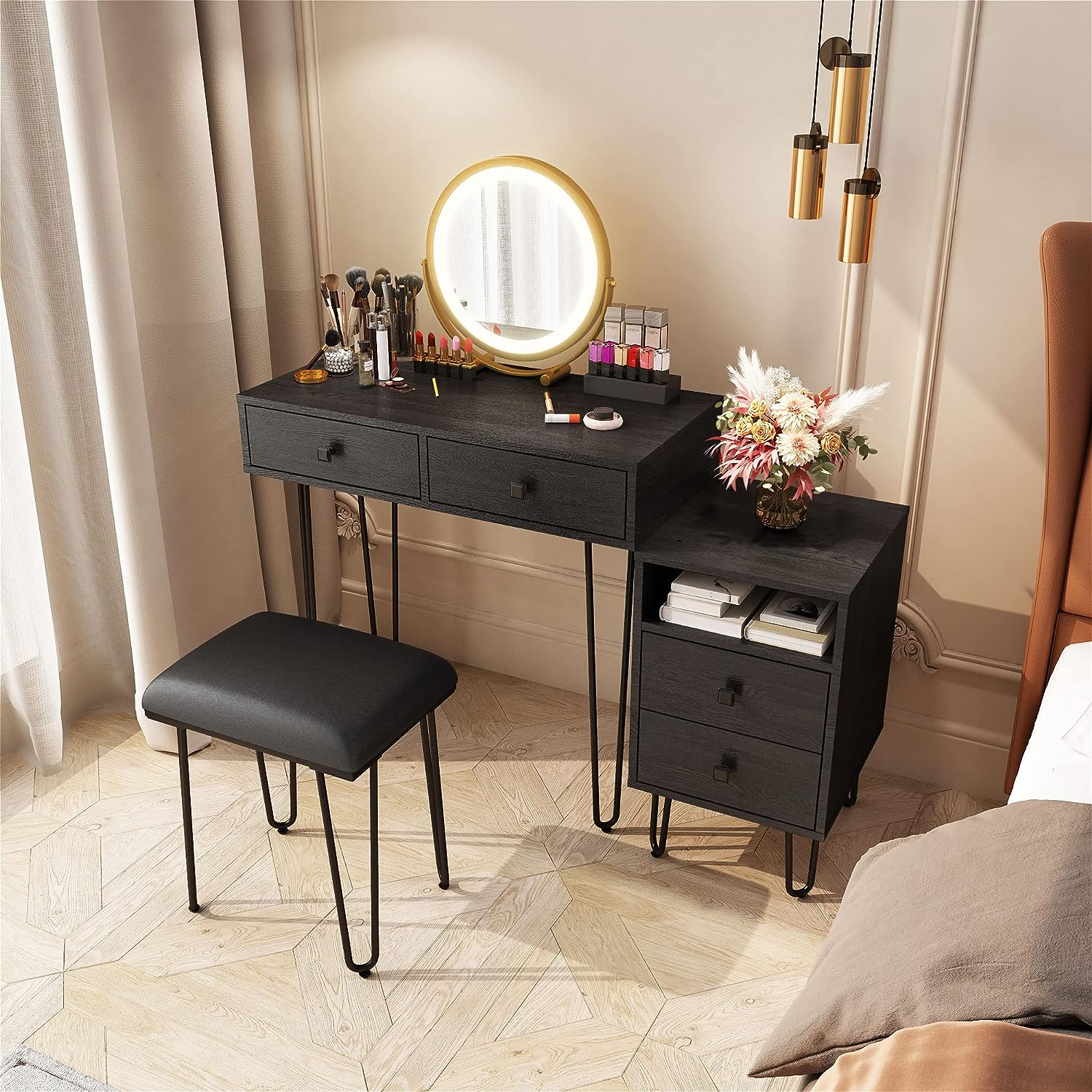 Dressing Table, Vanity Table with Lighted Mirror Makeup Dressing Table with Large Drawer and 4