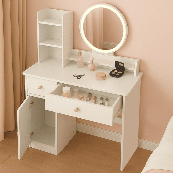 Dressing Table With Drawers, LED Tri-Color Mirror, Easy To Clean, Suitable For Small Space In Home Office, Bedroom