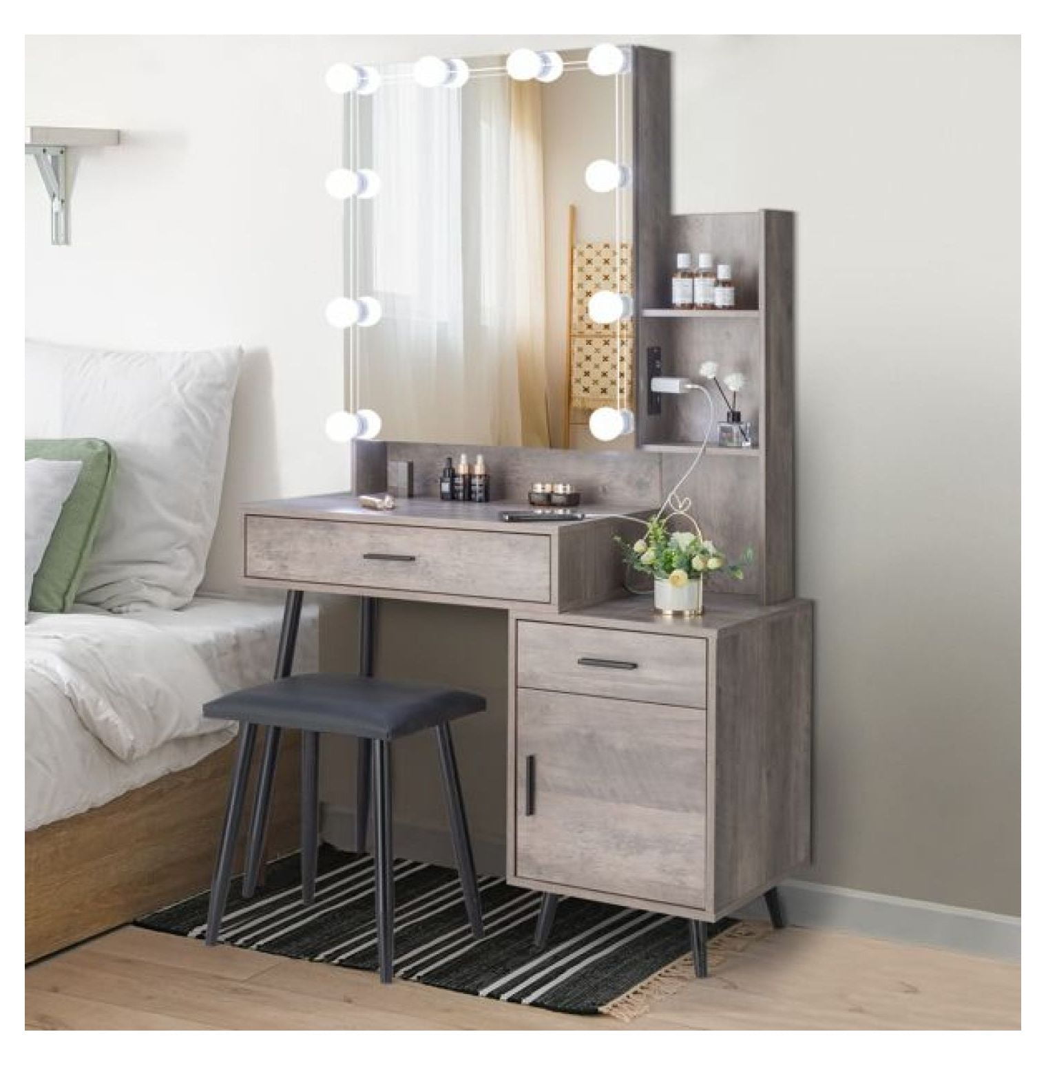 Dressing Table with Mirror & Lights, Grey Vanity Set with 2 Drawers, 1 ...