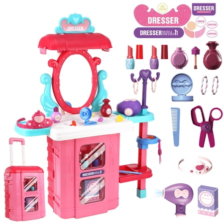 Petbank 4 in 1 Kids Makeup Vanity, 38pcs Princess Crown Girls Vanity with Light, Music, Makeup Accessories & Electric Hair Dryer,Toddler Vanity Table Toys, Pink