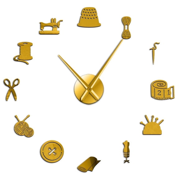 Dressmaker Sewing Machine Tailor Shop Frameless Wall Clock Stickers, DIY Modern Decorative Clocks for Living Room, Bedroom, Office - Easy to Install, Large 3D Clock Design (Gold,27in)
