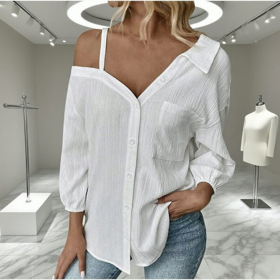 Zufneo Dressy Blouse for Women Sexy Off-Shoulder Tops V-Neck White Beach Button Down Shirts New Arrivals L