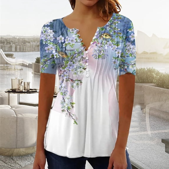 Dressy Blouses for Women Short Sleeve Womens Tunic Tops Boho Floral Printed Shirts Notch V Neck T-Shirt Casual Summer Blouse Empire Waist Top