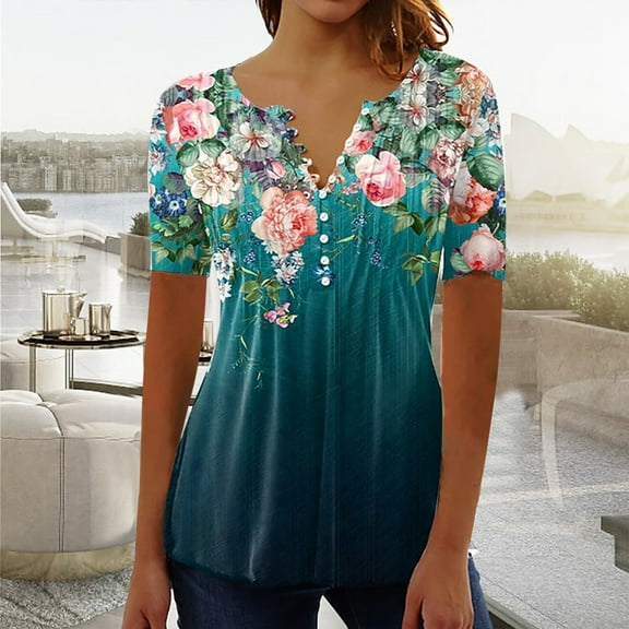 Dressy Blouses for Women Short Sleeve Womens Tunic Tops Boho Floral Printed Shirts Notch V Neck T-Shirt Casual Summer Blouse Empire Waist Top