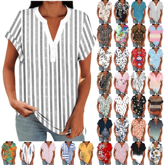 Dressy Blouses for Women Summer Plus Size Short Sleeve V-Neck Button-up Casual Loose Leisure Outdoor Going Out Tops