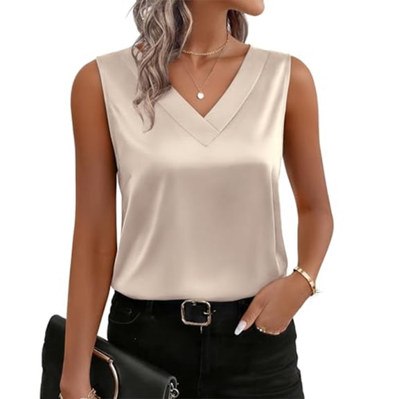 Dressy Blouses for Women V Neck Casual Sleeveless Tops Satin Blouse - for Dating Office Work Beige 2XL