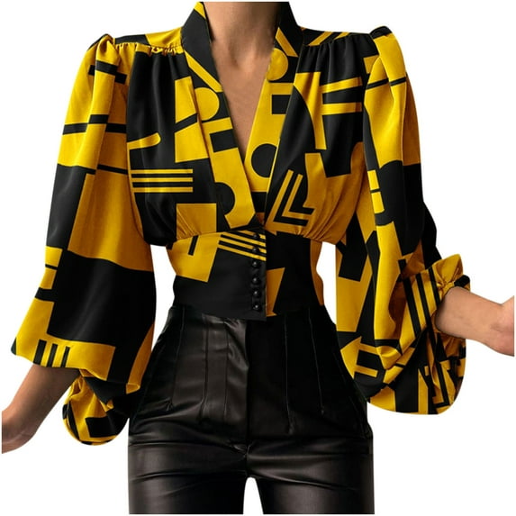 Dressy Blouses for Women Vintage Flower Print Crop Blouse Draw Back Button Blouse Wrap V Neck Lantern Sleeve Blouse on Womens Sweatshirt