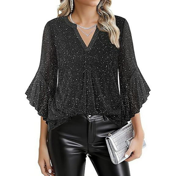 Dressy Blouses for Women,Womens 3/4 Sleeve V-Neck Mesh Top Solid Color Gold Foil Sparkle Breathable Party Gathering Cocktail Blouse Black S