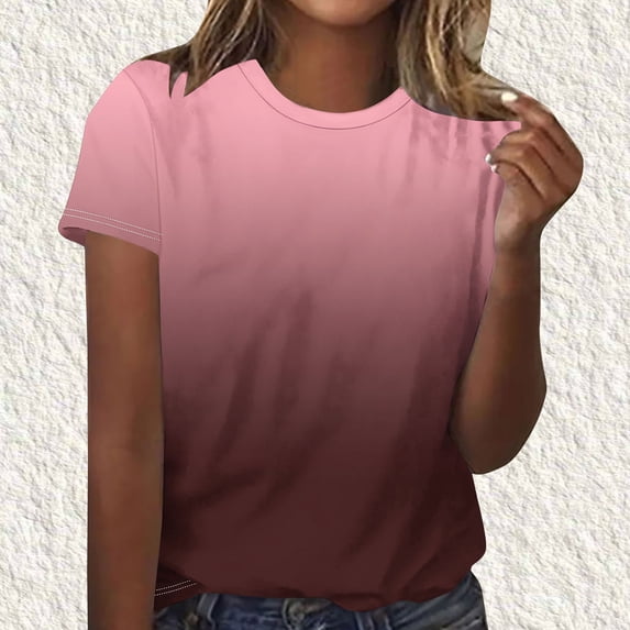 Dressy Blouses for Women Wonens Tops Ladies' Casual Gradient Printed T-shirt Short-sleeved Round-neck Top Rose Gold M