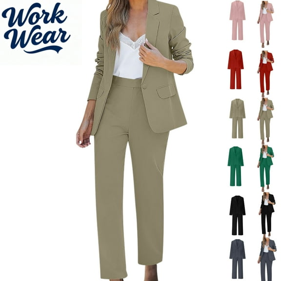 Dressy Business 2 Piece Sets for Women Fall Fashion Slim Long Sleeve Lapel Neck One Button Suit Jackets Fitted Out Work Solid Color Zip Trousers
