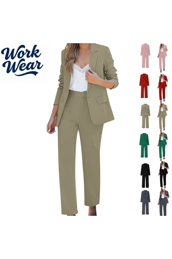 Dressy Business 2 Piece Sets for Women Fall Fashion Slim Long Sleeve Lapel Neck One Button Suit Jackets Fitted Out Work Solid Color Zip Trousers