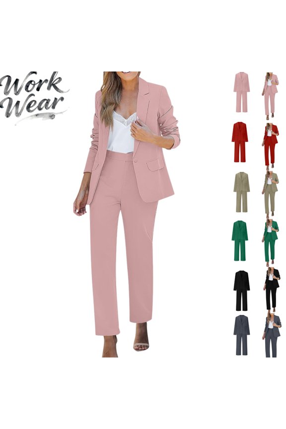 Dressy Business 2 Piece Sets for Women Fall Fashion Slim Long Sleeve Lapel Neck One Button Suit Jackets Fitted Out Work Solid Color Zip Trousers