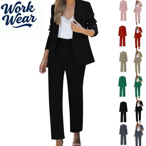 Dressy Business 2 Piece Sets for Women Fall Fashion Slim Long Sleeve Lapel Neck One Button Suit Jackets Fitted Out Work Solid Color Zip Trousers