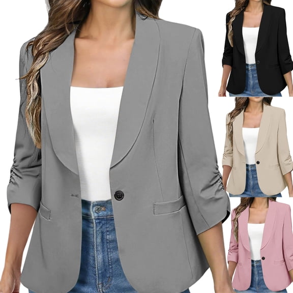 Dressy Business Suit Jacket for Women Casual Work Office Shawl Collar 3/4 Ruched Cuffs Sleeve Blazer with Pockets Fitted Solid Color One Button Suits