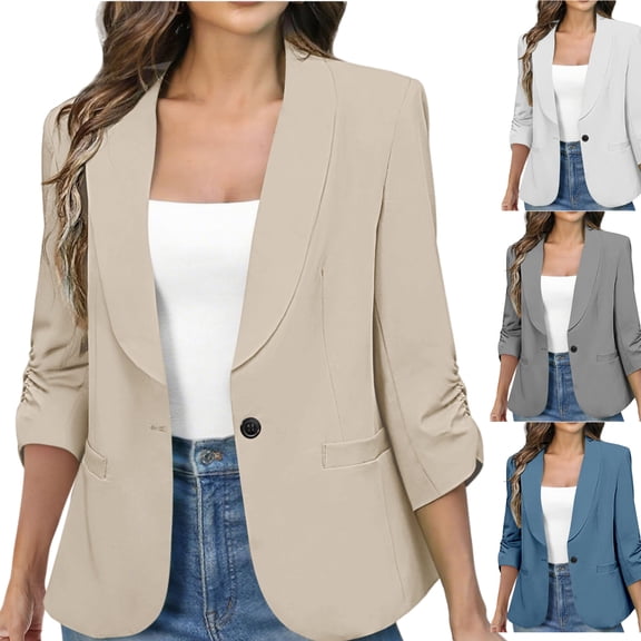 Dressy Business Suit Jacket for Women Casual Work Office Shawl Collar 3/4 Ruched Cuffs Sleeve Blazer with Pockets Fitted Solid Color One Button Suits
