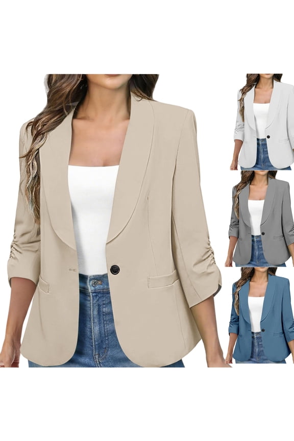 Dressy Business Suit Jacket for Women Casual Work Office Shawl Collar 3/4 Ruched Cuffs Sleeve Blazer with Pockets Fitted Solid Color One Button Suits