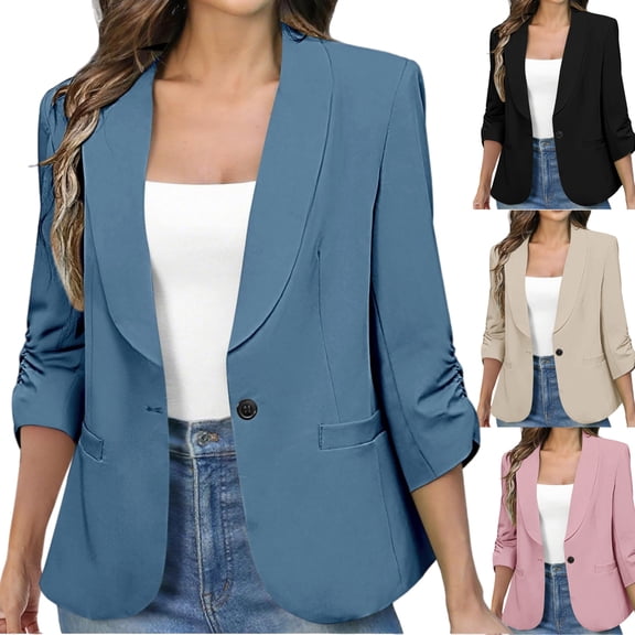 Dressy Business Suit Jacket for Women Casual Work Office Shawl Collar 3/4 Ruched Cuffs Sleeve Blazer with Pockets Fitted Solid Color One Button Suits
