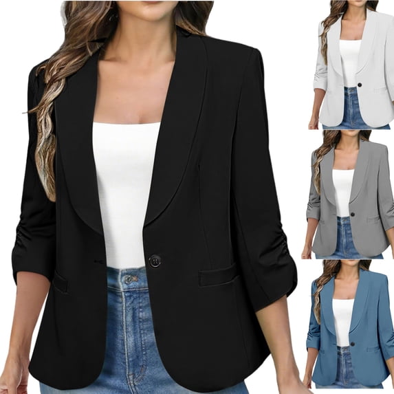 Dressy Business Suit Jacket for Women Casual Work Office Shawl Collar 3/4 Ruched Cuffs Sleeve Blazer with Pockets Fitted Solid Color One Button Suits