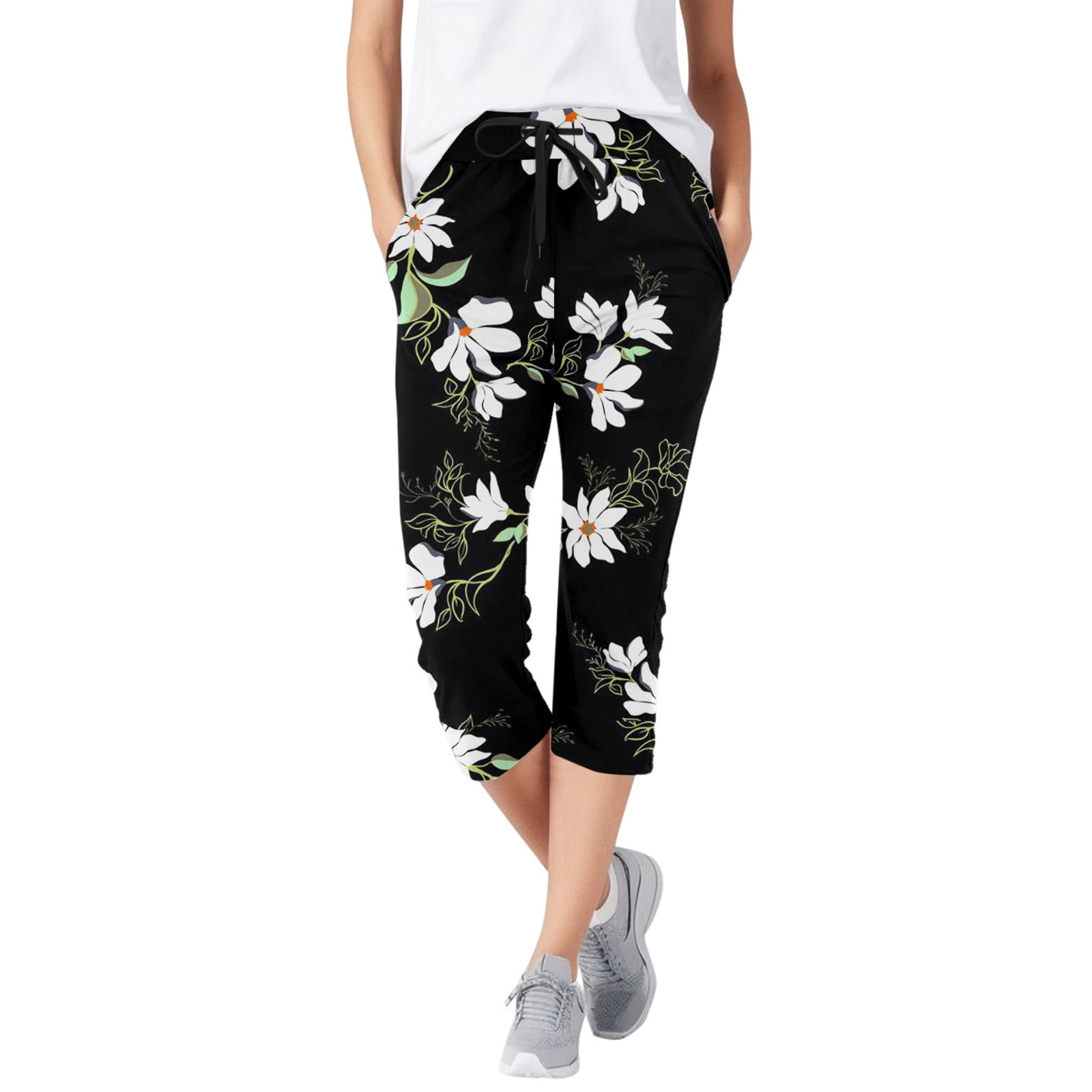 Dressy Capri Pants for Women Stretchy Floral Drawstring Elastic Waist