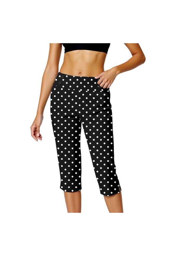 Dressy Capri Pants for Curvy Women Plus Size High Waist Capris Pants Polka Dot Casual Office Work Hiking Golf Black, 4XL