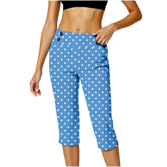Dressy Capri Pants for Curvy Women Plus Size High Waist Capris Pants Polka Dot Casual Office Work Hiking Golf Blue, S