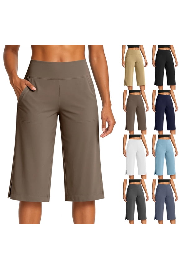 Dressy Capri Pants for Women Stretch High Waisted Crop Work Pants Summer Casual Capris Slacks Yoga Trousers Dress Pant Coffee L
